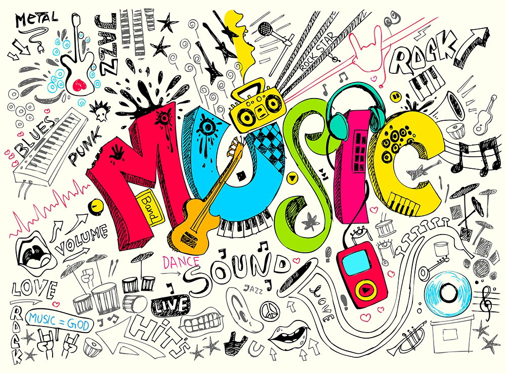 Photo wallpaper - Creative music collage with guitars, sheet music, headphones and different music styles