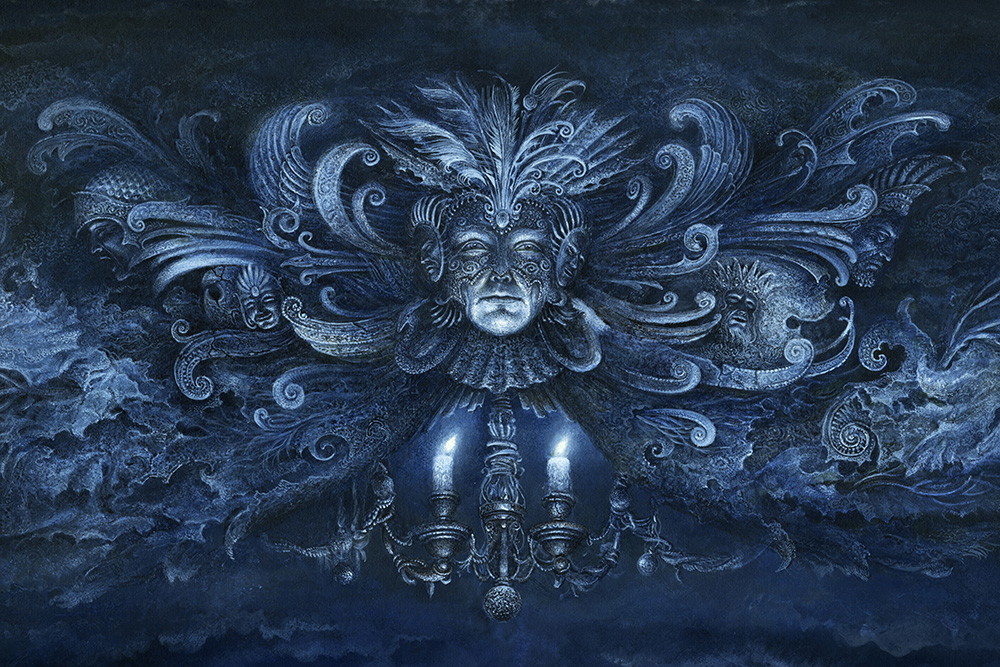 Fototapete - Detaillierte Maske mit Federn und Kerzen in einem fantasievollen, blauen Setting