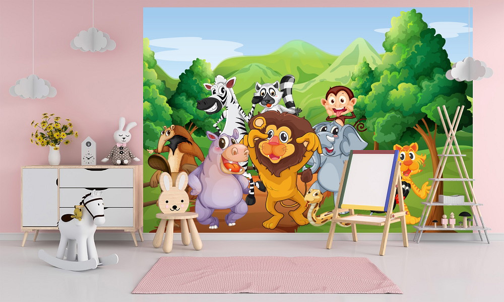 Fototapete - Bunte Dschungeltiere in einem Kinderzimmer mit rosa Wänden und Spielzeug