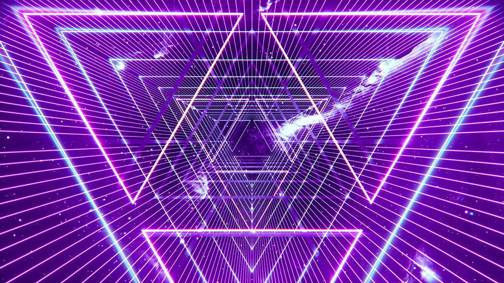 Wall mural - Abstract illustration of luminous abstract triangles and shadowy galaxy elements in violet