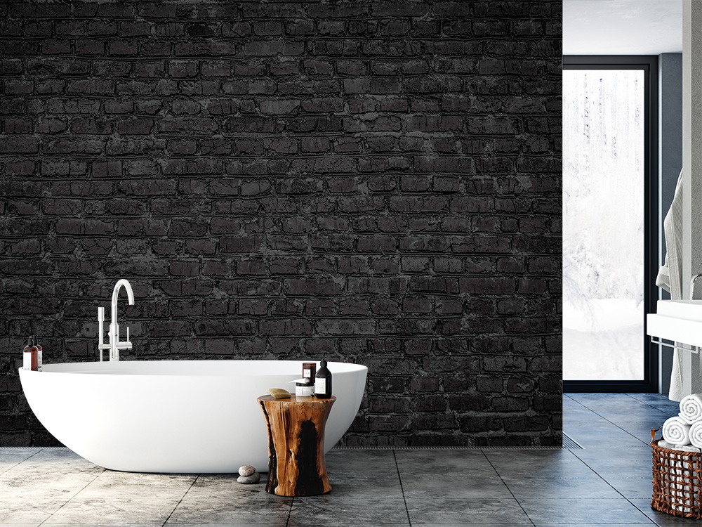 Wall mural - Stylish bathroom with white bathtub, black brick wall and window in the background
