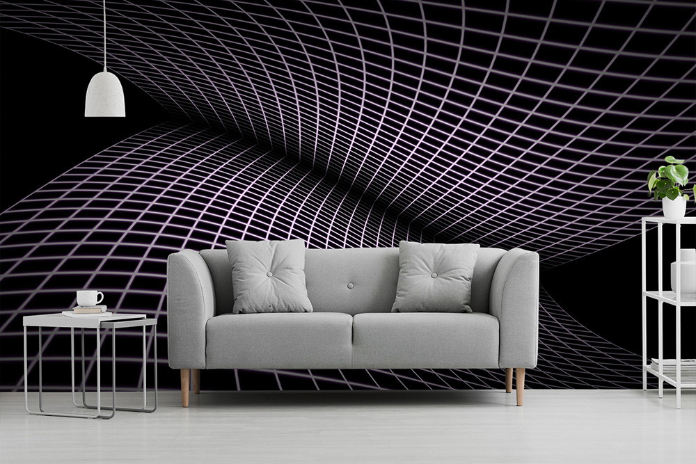 Papier peint photo - salon avec canapé gris devant un papier peint 3D moderne avec des lignes courbes en noir et violet