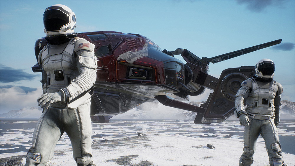 Wall mural - Two astronauts in a futuristic setting with a spaceship against an ice-covered backdrop