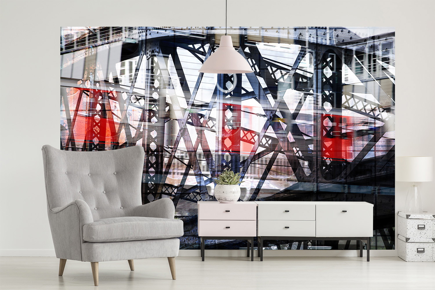 Papier peint photo - salon avec un fauteuil gris, une armoire claire et une photographie décorative de pont sur le mur