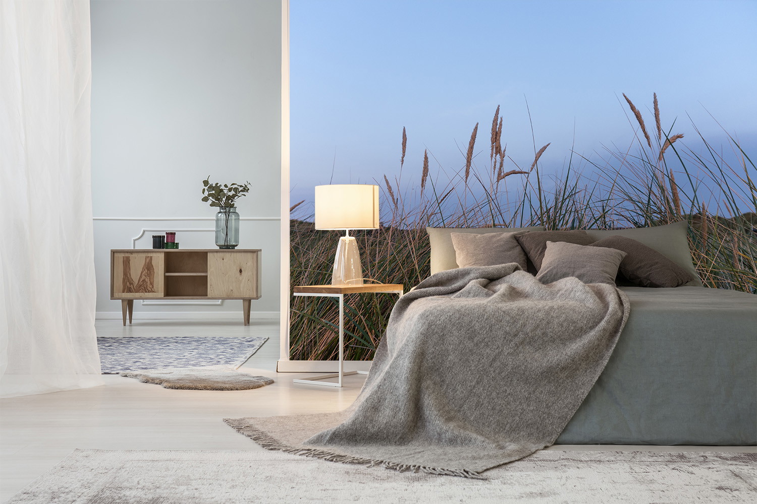 Wall mural - Elegant bedroom with nature motif wall, bed with grey ceiling and stylish furniture.