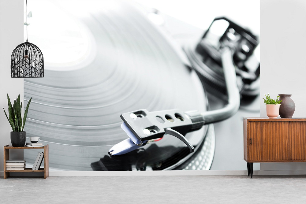 Wall mural - Close-up of a record player with living room decor