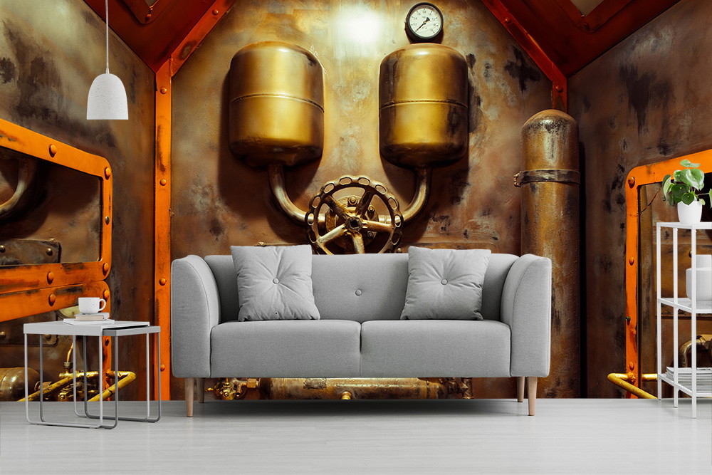 Fototapete - Wohnzimmer mit grauem Sofa und industrieller Wanddekoration aus Rohren und Ventilen