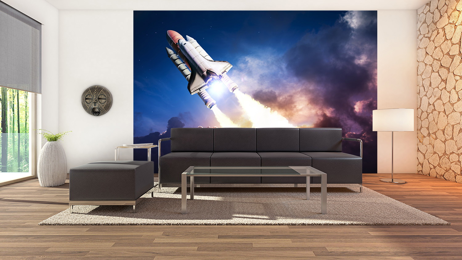 Fototapete - Wohnzimmer mit Raketenstart als beeindruckendes Wandmotiv