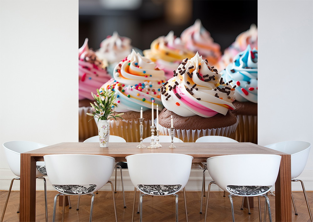Fototapete - Esszimmer mit moderner Einrichtung und großer Fototapete von bunten Cupcakes mit Zuckerguss und Streuseln