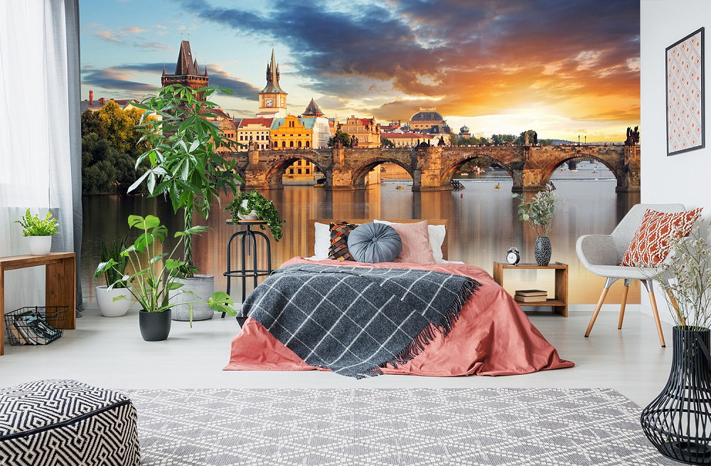 Papier peint photo - chambre à coucher avec grand papier peint représentant une scène évocatrice de pont au coucher du soleil