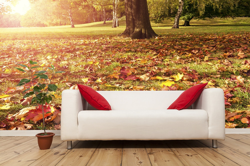 Wall mural - living room with white sofa in front of autumn landscape with colourful leaves and trees, decorated with red cushions and plant