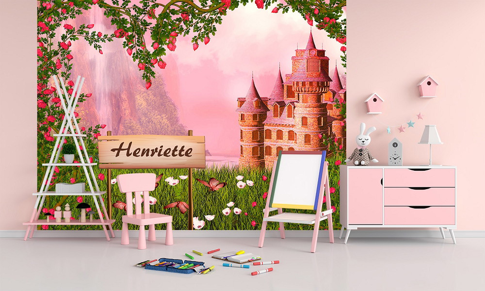 Papier peint photo - chambre d'enfant avec papier peint château rose, étagère échelle, jouets et accents roses