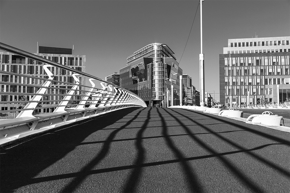 Fototapeta - Czarno-białe zdjęcie nowoczesnego mostu i otaczających go futurystycznych budynków