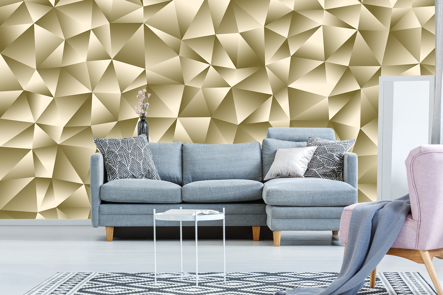 Wall mural - Living room with beige geometric pattern wall, grey sofa and modern accents