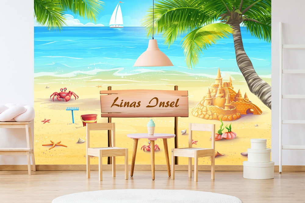 Wall mural - Colourful beach illustration with palm tree, sandcastle and 'Lina's Island' sign in the children's room