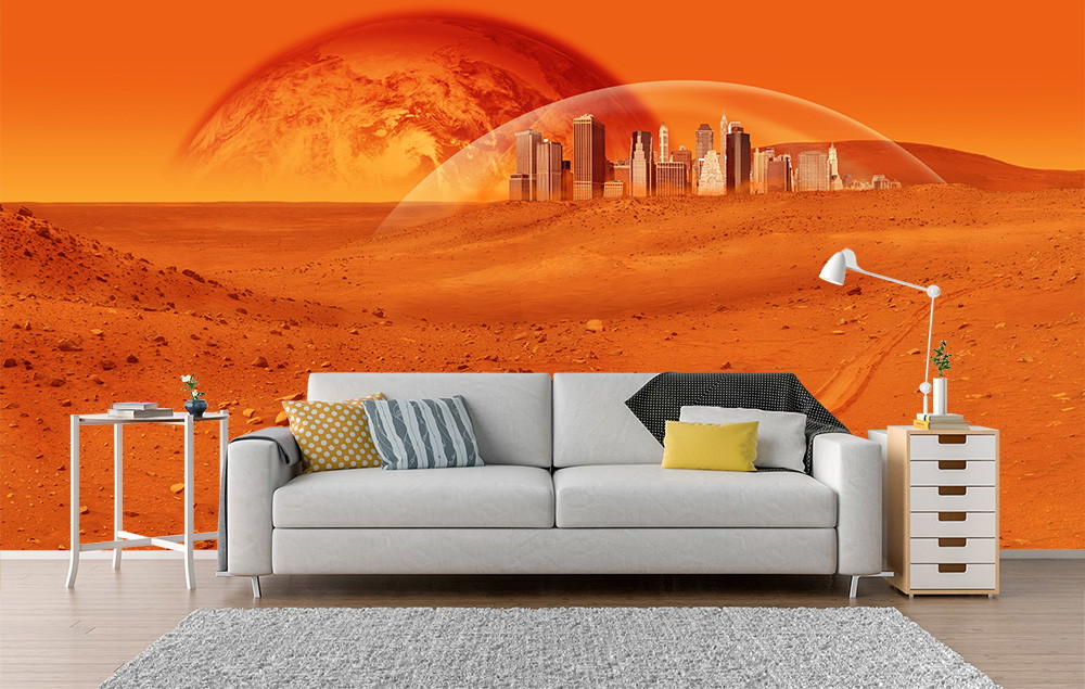 Fototapete - Orangefarbene Marslandschaft mit futuristischer Stadt unter schützender Glaskuppel im Wohnzimmer