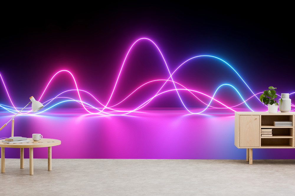 Fototapete - Neonlichter in rosa und blau geschwungen vor einem dunklen, reflektierenden Hintergrund, dekoriert mit Tisch und Schrank