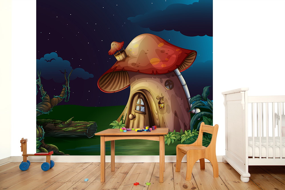 Papier peint photo - chambre d'enfant avec papier peint d'un monde imaginaire nocturne avec une grande maison champignon