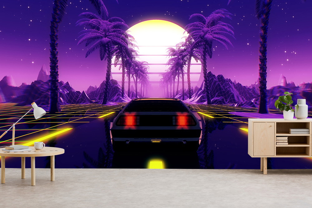 Wall mural - Neon-coloured landscape with retro car and palm trees against a sunset horizon