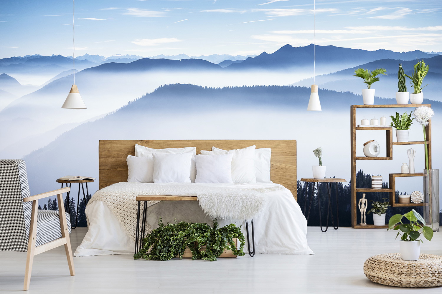 Wall mural - Cosy bedroom with mountain landscape wallpaper, wooden bed and shelves, decorated with green plants