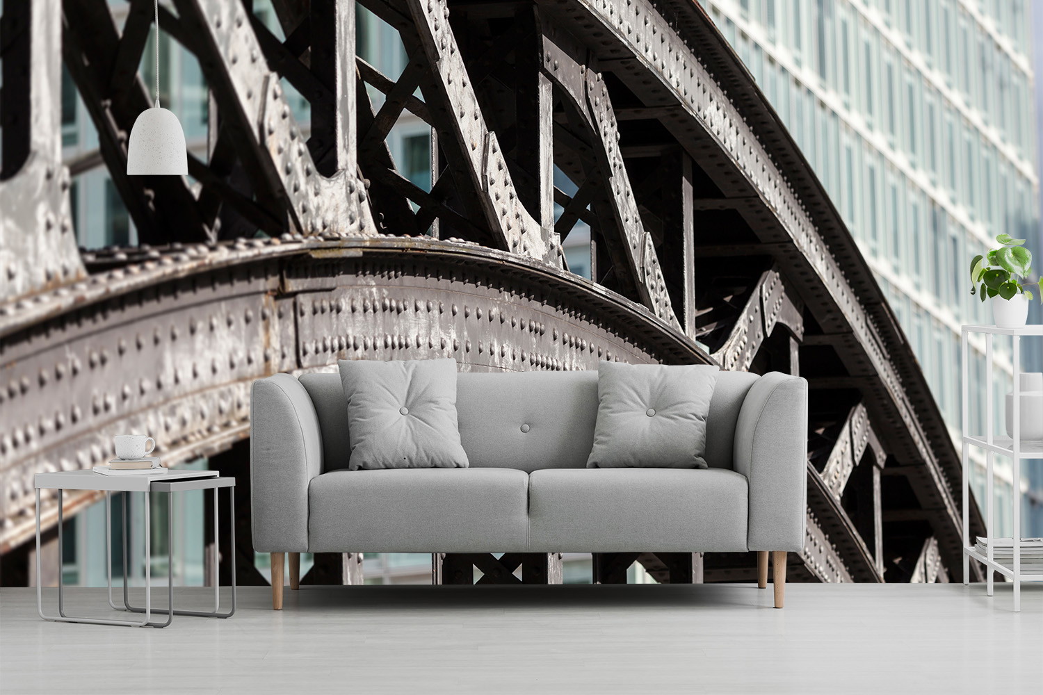 Wall mural - Grey sofa in front of a photorealistic wallpaper with industrial bridge design in the living room