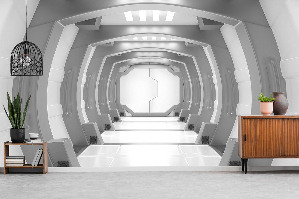 Fototapete - Weißer, futuristischer Raumschiff-Korridor mit modernen, geschwungenen Wänden in einem stilvoll eingerichteten Raum