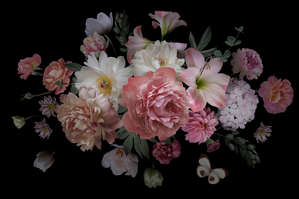 Papier peint photo - Différentes compositions florales en rose, blanc et vert avec un papillon sur un fond noir