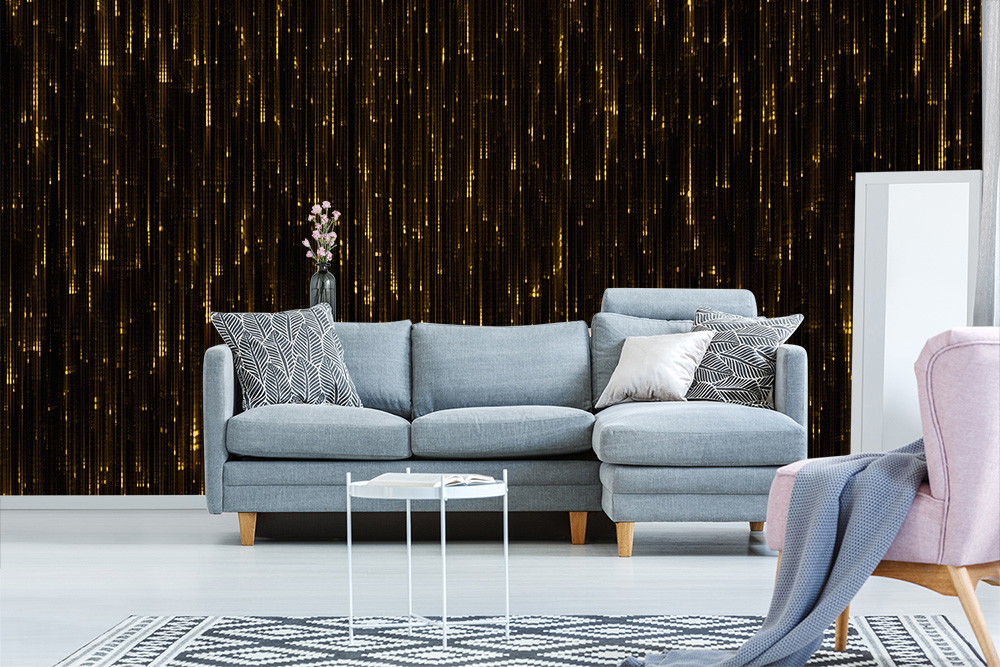 Wall mural - Modern living room with grey sofa in front of a glittering golden stripe wallpaper.