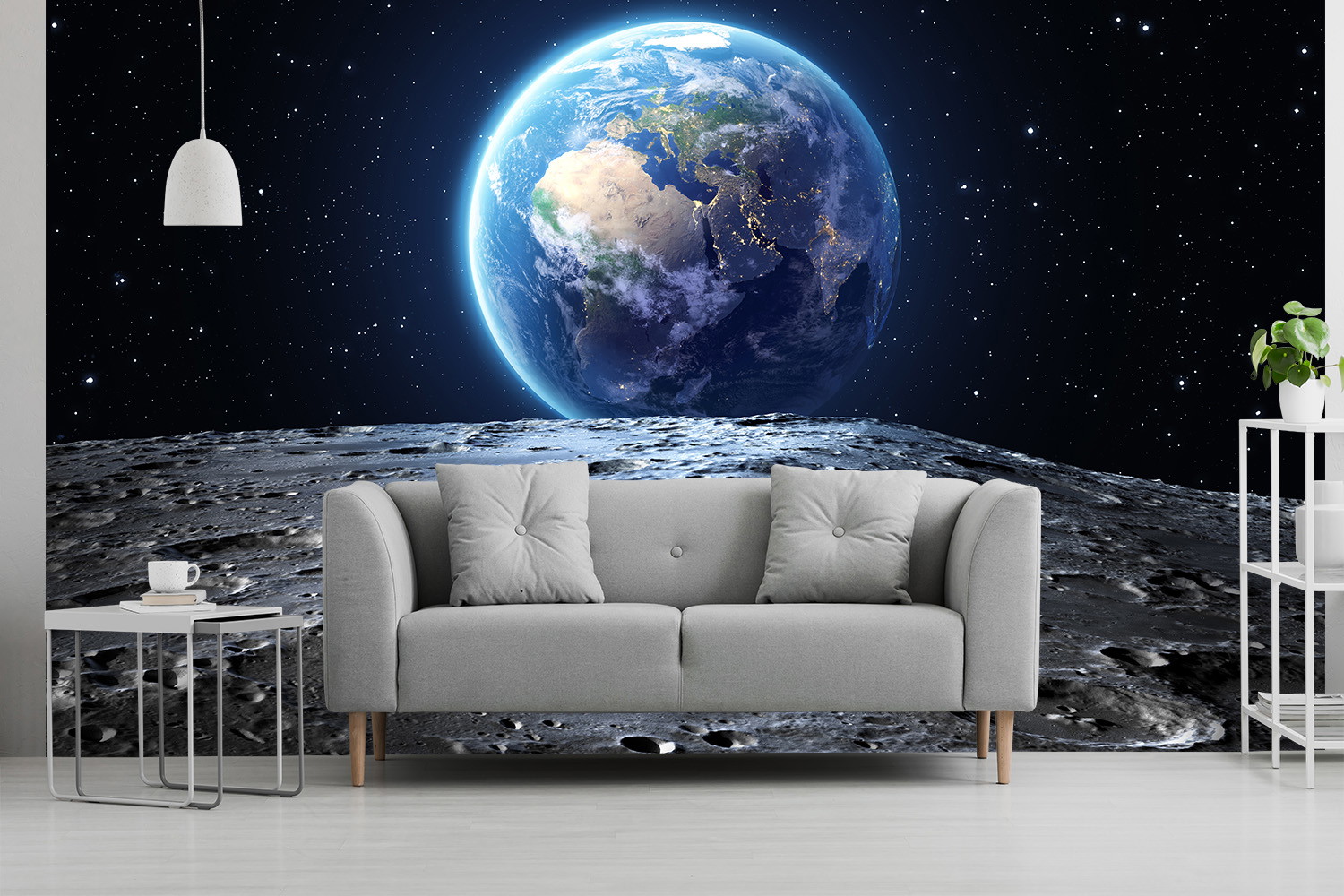 Fototapete - Blick auf die Erde vom Mond aus, umgeben von funkelnden Sternen, hinter einem modernen Wohnzimmersofa.
