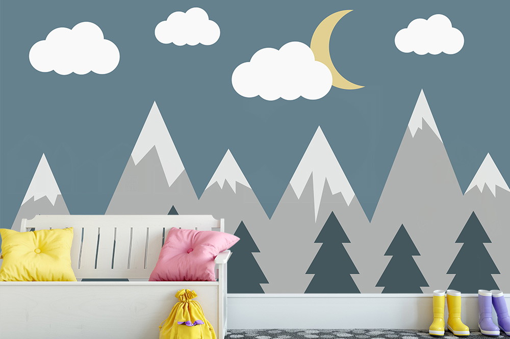Fotomurale - Illustrazione di un paesaggio montano stilizzato con luna e nuvole sopra un'area di seduta nella stanza dei bambini