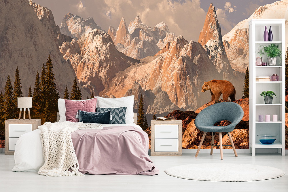 Wall mural - Bedroom with impressive mountain landscape, bear and stylish furniture