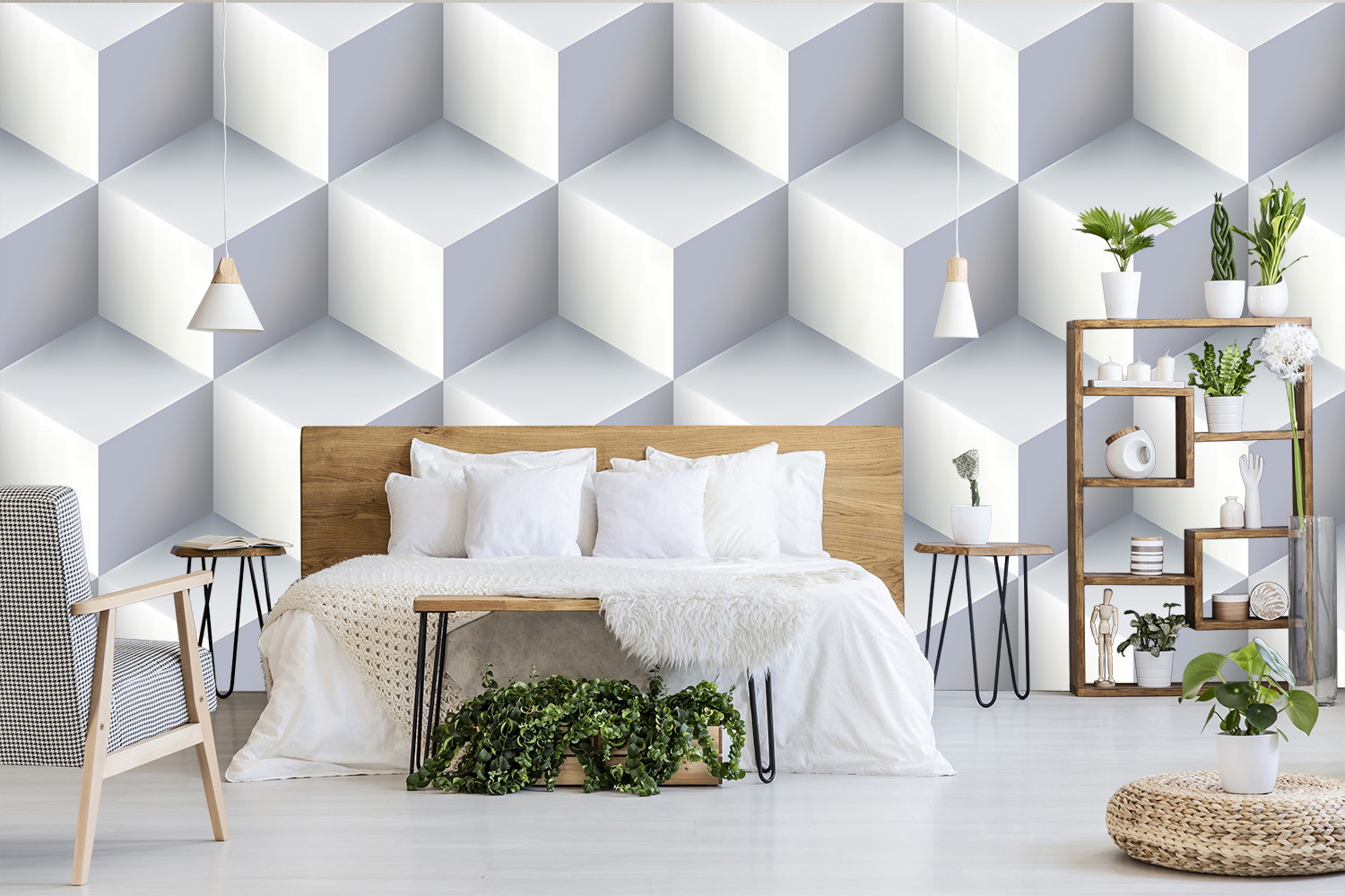 Papier peint photo - chambre à coucher avec design de cubes en 3D, lit en bois, coussins blancs, plantes et étagères