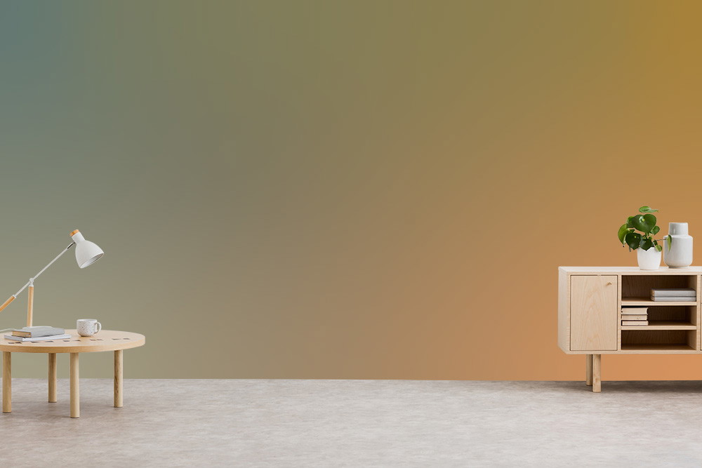 Wall mural - room with minimalist Scandinavian design, soft colour gradient, wooden lamp, round table, sideboard with plant