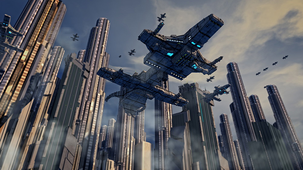 Fototapeta ścienna - scena science fiction ze statkami kosmicznymi latającymi nad futurystycznymi budynkami