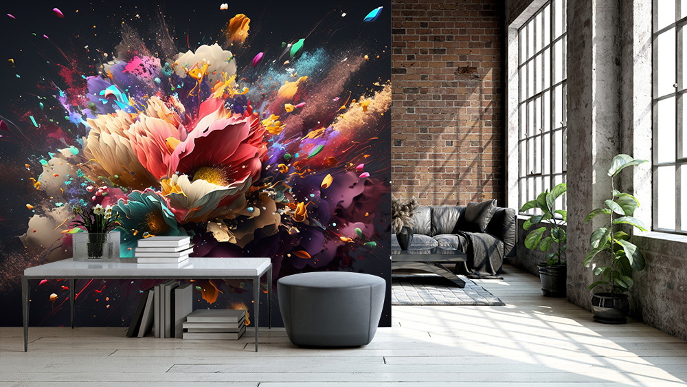 Wall mural - Colourful explosion of flowers in a modern living room with industrial charm and large windows
