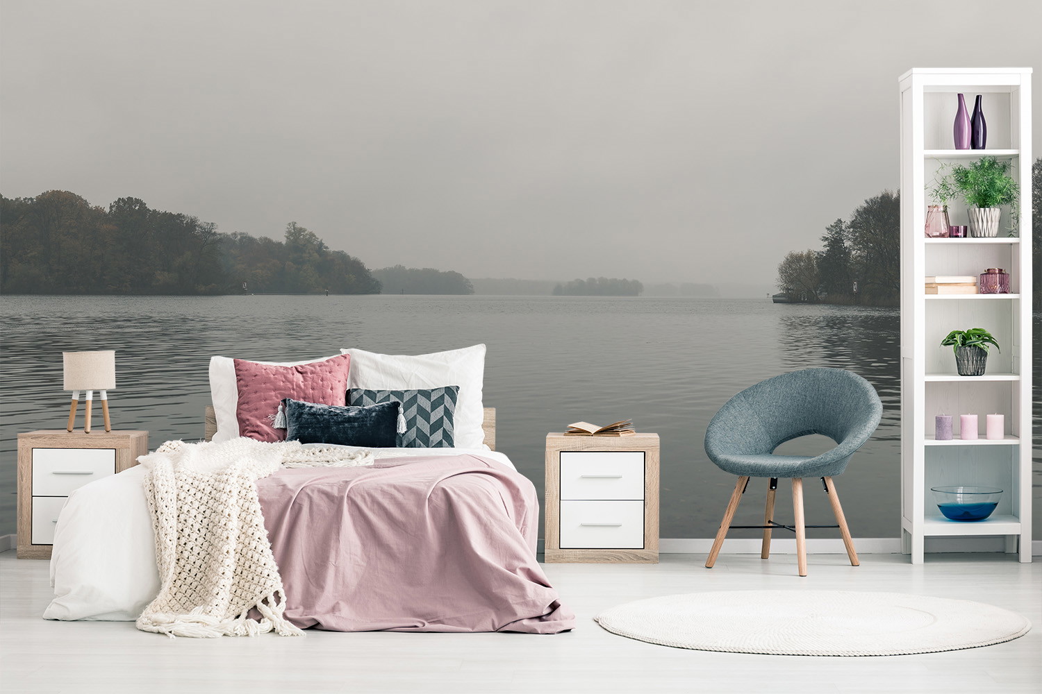 Wall mural - Cosy bedroom with a view of a lake, decorated with modern furniture and accessories