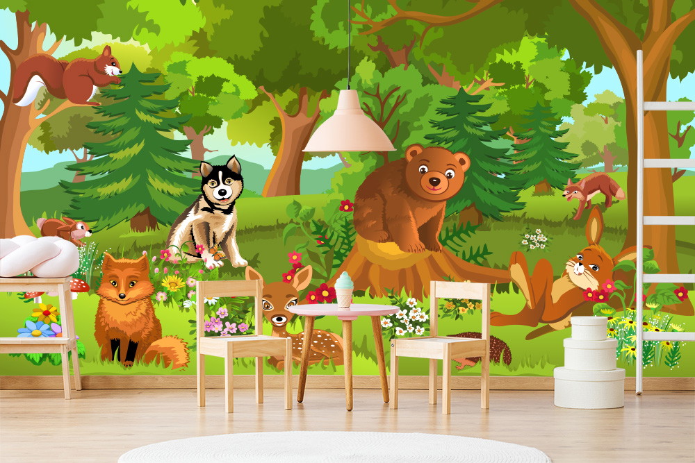 Fototapete - Bunte Waldszene mit Tieren wie Bär, Fuchs und Reh in einem Kinderzimmer