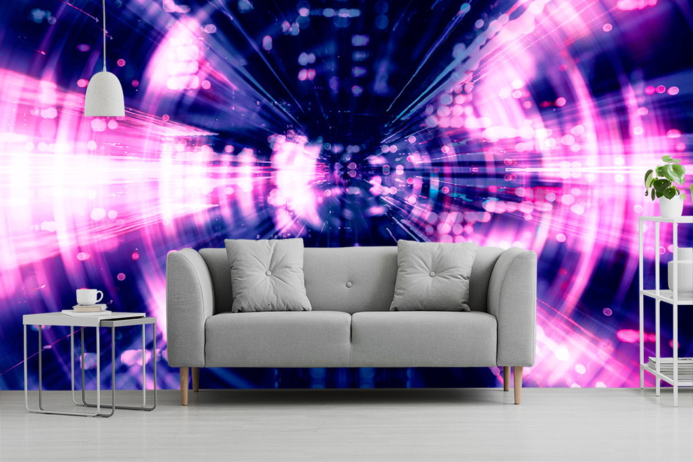 Wall mural - living room with grey sofa in front of a wall with futuristic, pink-blue light design