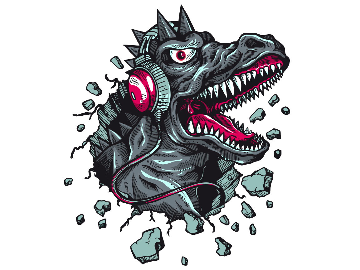 Tatuaż ścienny - Ilustracja dinozaura ze słuchawkami przebijającego się przez ścianę