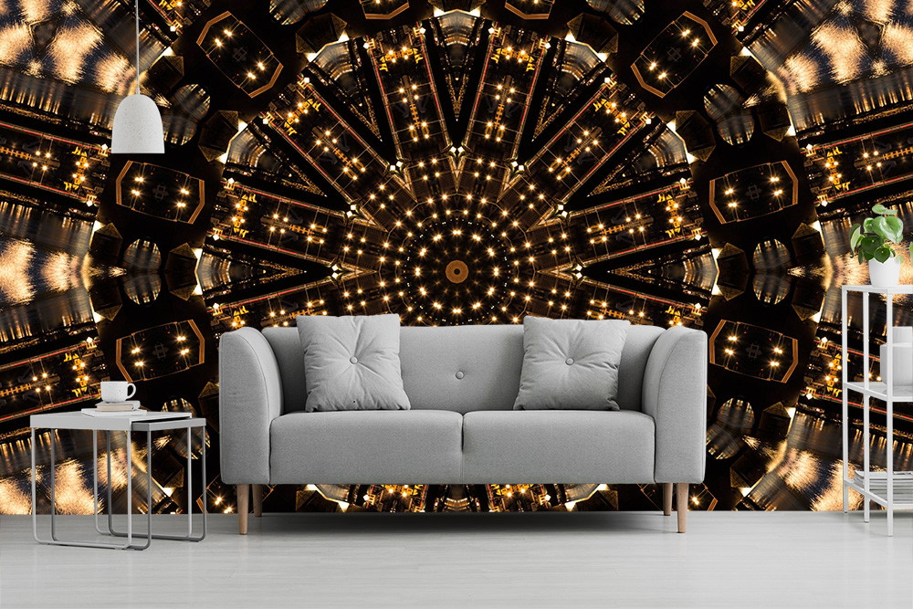 Fototapete - Moderne Wohnzimmerdekoration mit kaleidoskopischem Lichterdesign im Hintergrund