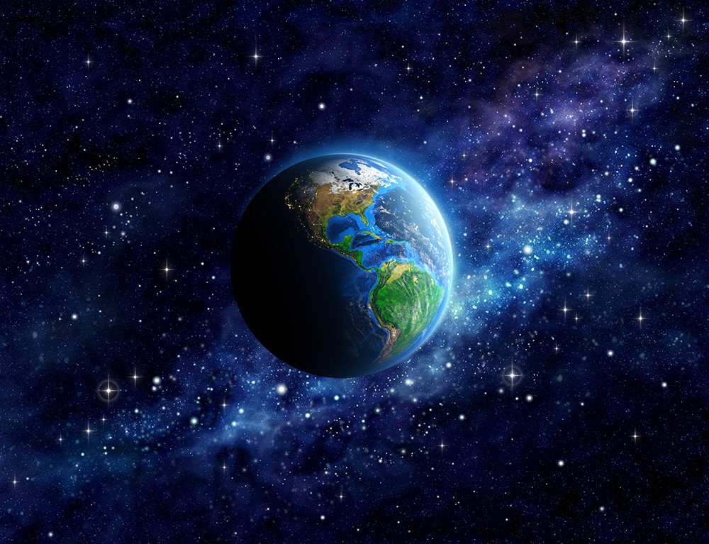 Fototapete - Ansicht der Erde im Weltraum umgeben von funkelnden Sternen