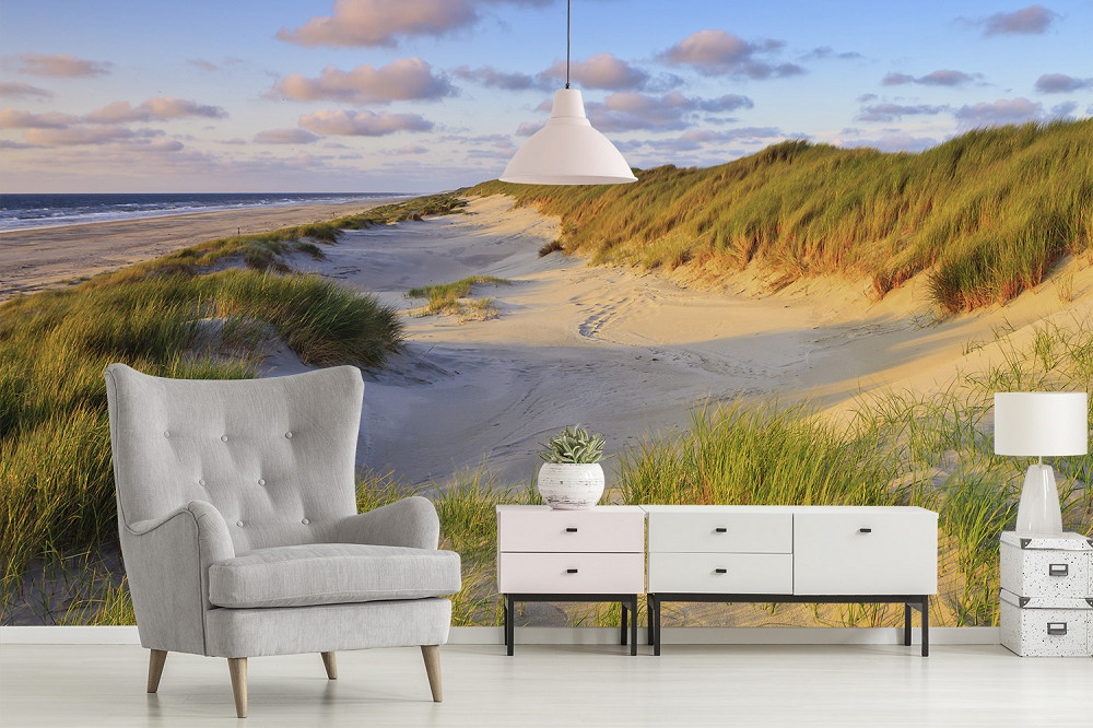 Papier peint photo - scène de plage avec des dunes, des herbes vertes et un ciel bleu dans le salon avec un fauteuil et une commode
