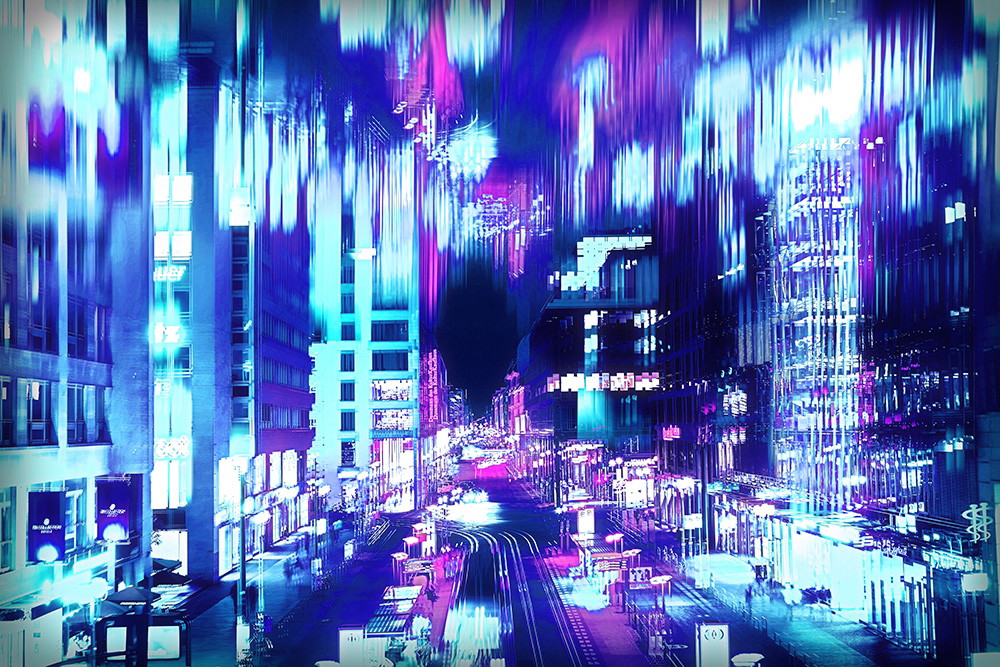 Wall mural - Abstract image of a modern city with bright neon colours and vertical lines in blue and purple