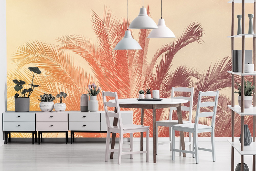 Wall mural - Modern dining area with palm wallpaper and white furniture