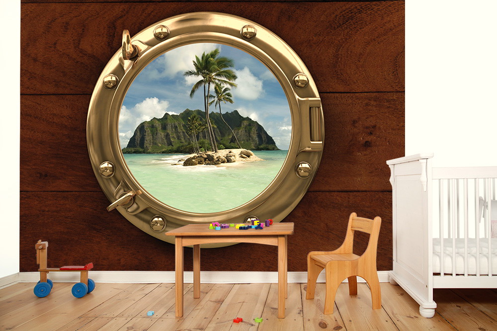 Fototapete - Blick durch Bullauge auf tropische Insel mit Strand, Palmen und türkisfarbenem Wasser in Kinderzimmer