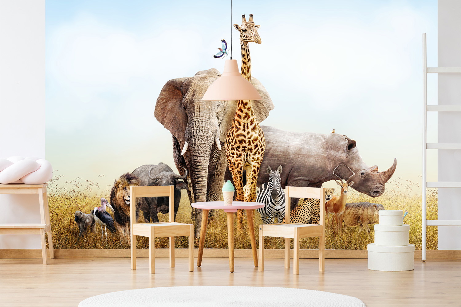 Wall mural - Colourful safari animals such as giraffe, elephant and rhino in the children's room