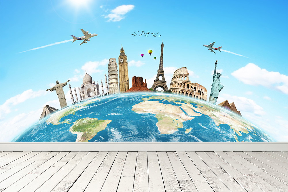 Papier peint photo - Globe avec des monuments célèbres et un ciel bleu