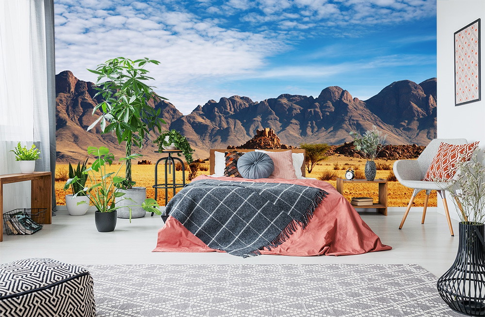 Fototapete - Modernes Schlafzimmer mit Wüstenlandschaft und Bergblick als Wandbild