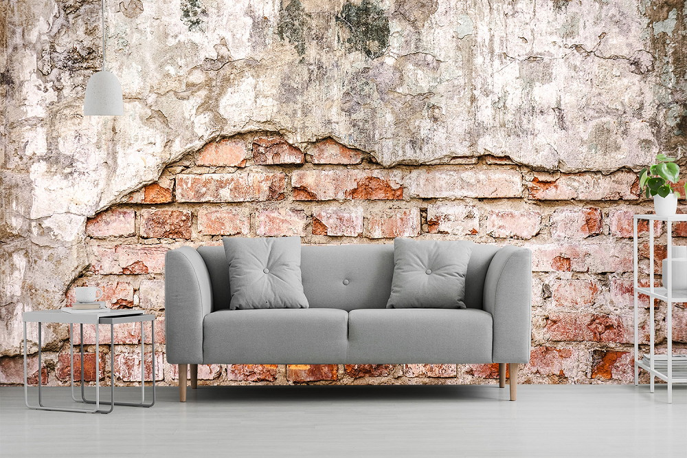Wall mural - Living room with grey sofa in front of a wall with realistic clinker brick design