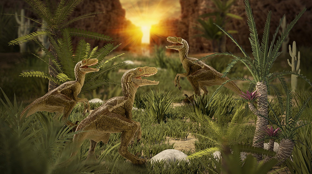 Wall mural - Dinosaurs in a green landscape at sunset